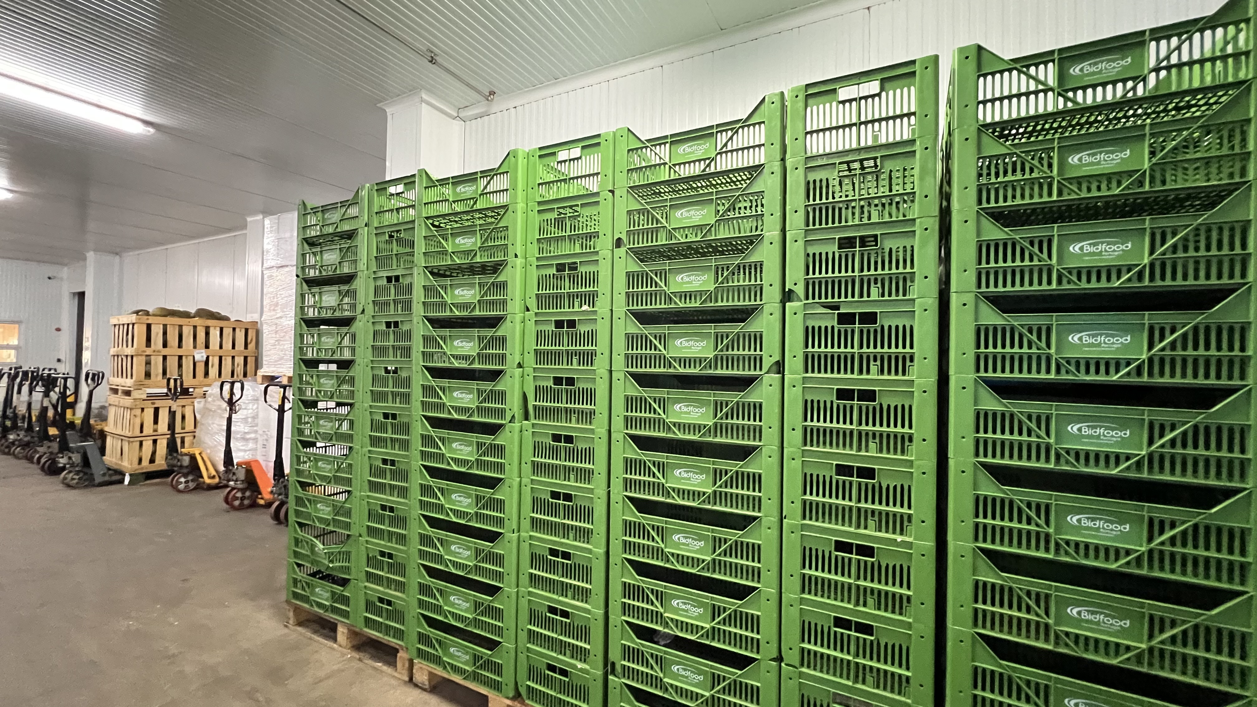 Bidfood recycled plastic crates in cold store